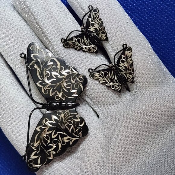 1950-S SK JAPANESE VINTAGE BLACK ENEMEL ENGRAVED STERLING SILVER BUTTERFLY BROOC - Picture 6 of 7